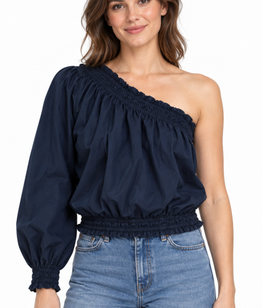 Free People One Shoulder Top Womens Medium Navy Blue Smocked Balloon Sleeve Crop